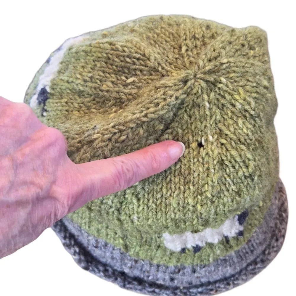 Hand-Knit Wool Beanie Ireland Artisan Sheep Motif Winter Hat NWOT Green Gray